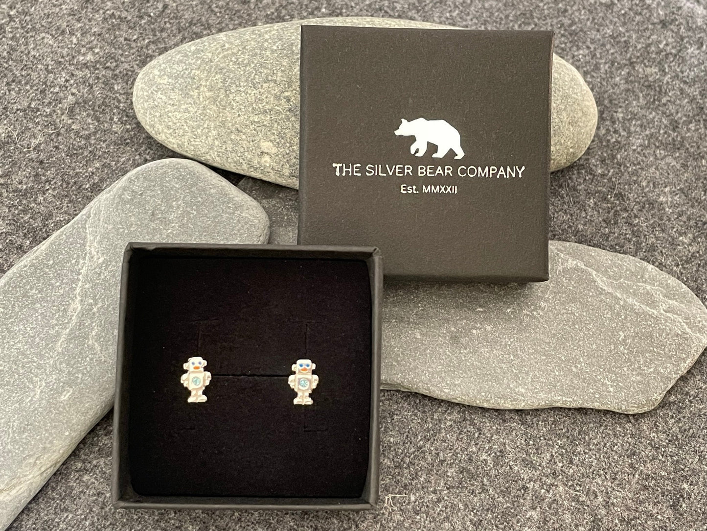 Sterling Silver Robot Stud Earrings: Cubic Zirconia & Resin