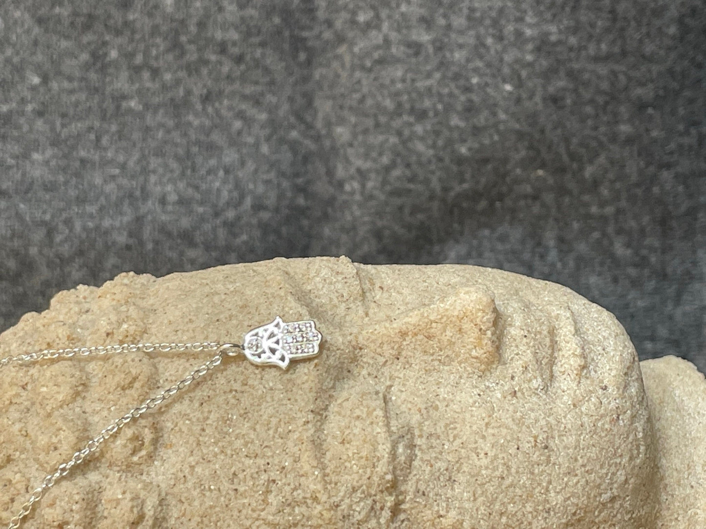 Sterling Silver Hamsa Hand Necklace: Cubic Zirconia Fatima Pendant