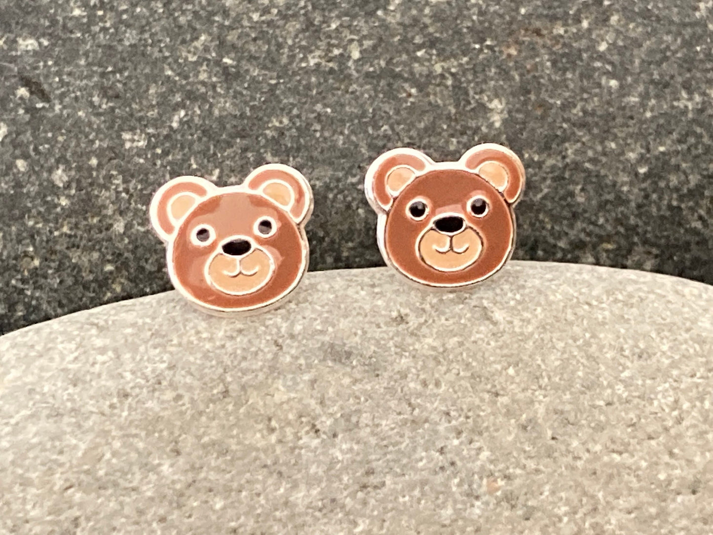 Teddy Bear Stud Earrings: 925 Sterling Silver, Enamel Jewelry