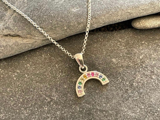Rainbow - 925 Sterling Silver Necklace with colourful Cubic Zirconia CZ semi-circle Pendant Boxed