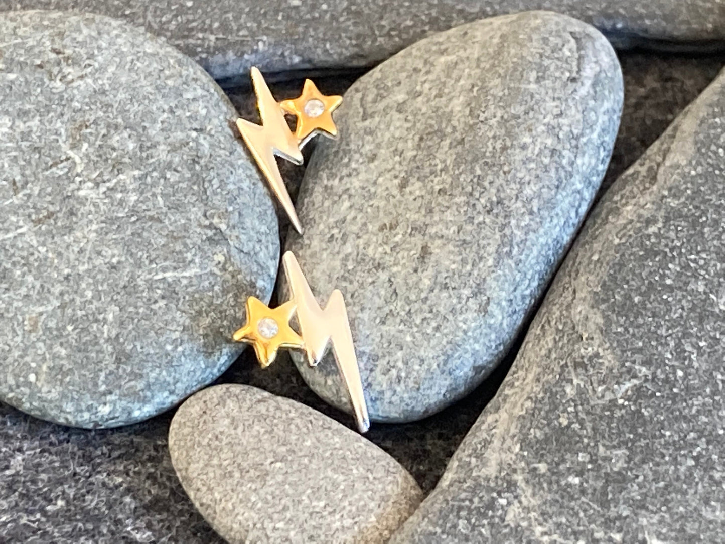 Sterling Silver Lightning Bolt Star Stud Earrings with CZ