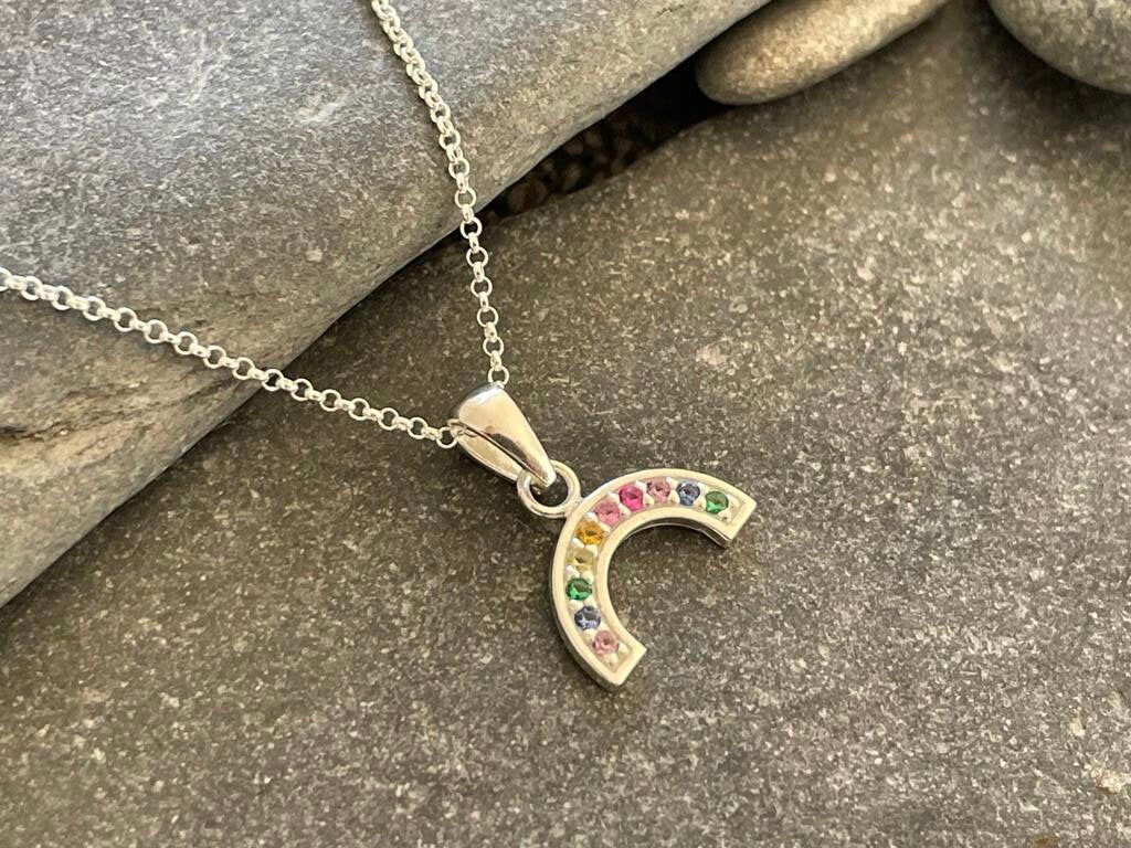 Rainbow - 925 Sterling Silver Necklace with colourful Cubic Zirconia CZ semi-circle Pendant Boxed