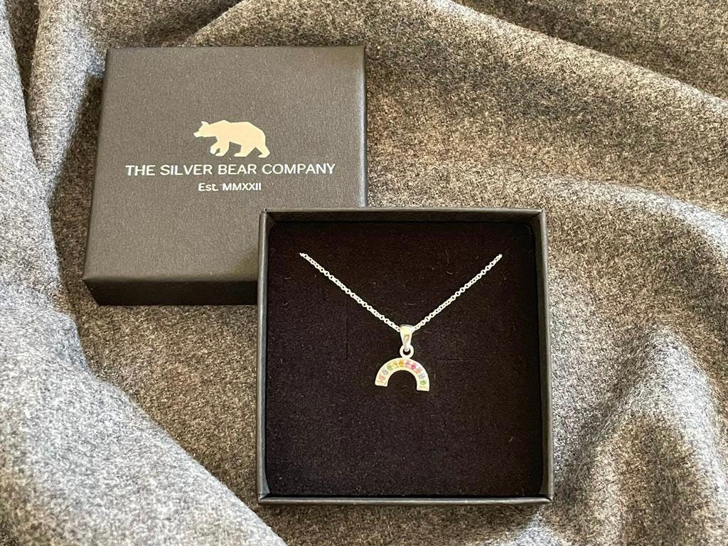 Rainbow - 925 Sterling Silver Necklace with colourful Cubic Zirconia CZ semi-circle Pendant Boxed