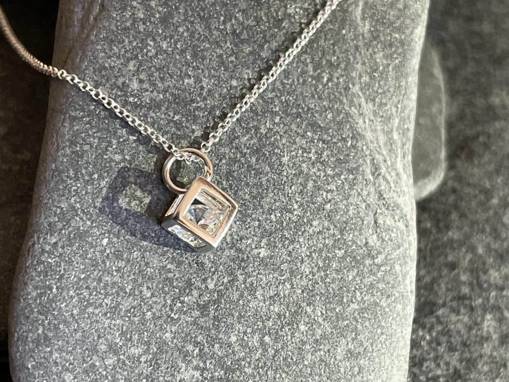Cube - 925 Sterling Silver Cubic Zirconia CZ Pendant Necklace - Boxed