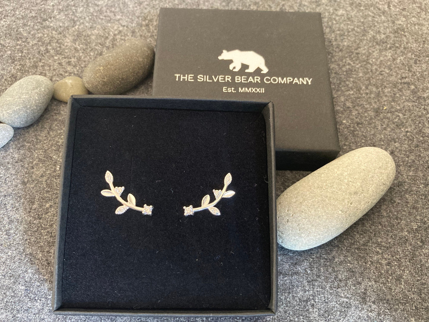 Floral Leaf Branch - 925 Sterling Silver Cubic Zirconia CZ Stud Earrings