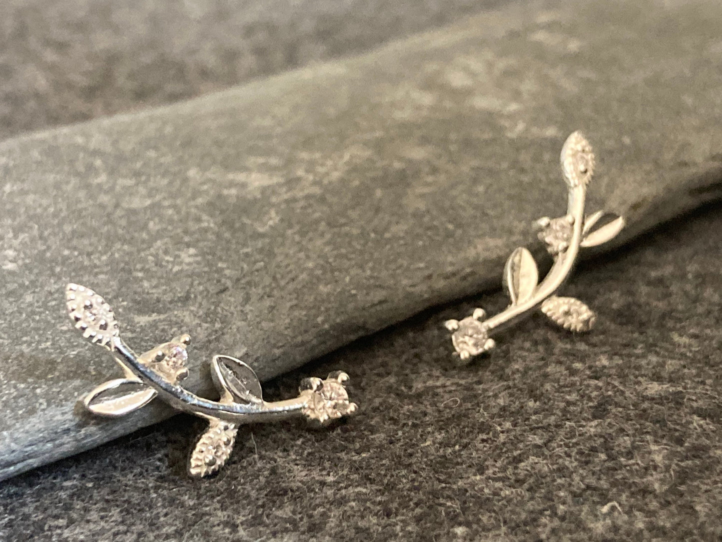 Floral Leaf Branch - 925 Sterling Silver Cubic Zirconia CZ Stud Earrings