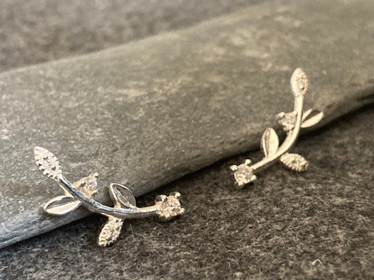 Floral Leaf Branch - 925 Sterling Silver Cubic Zirconia CZ Stud Earrings