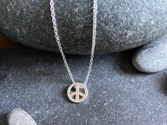 Peace Symbol - 925 Sterling Silver Plain Necklace Boxed