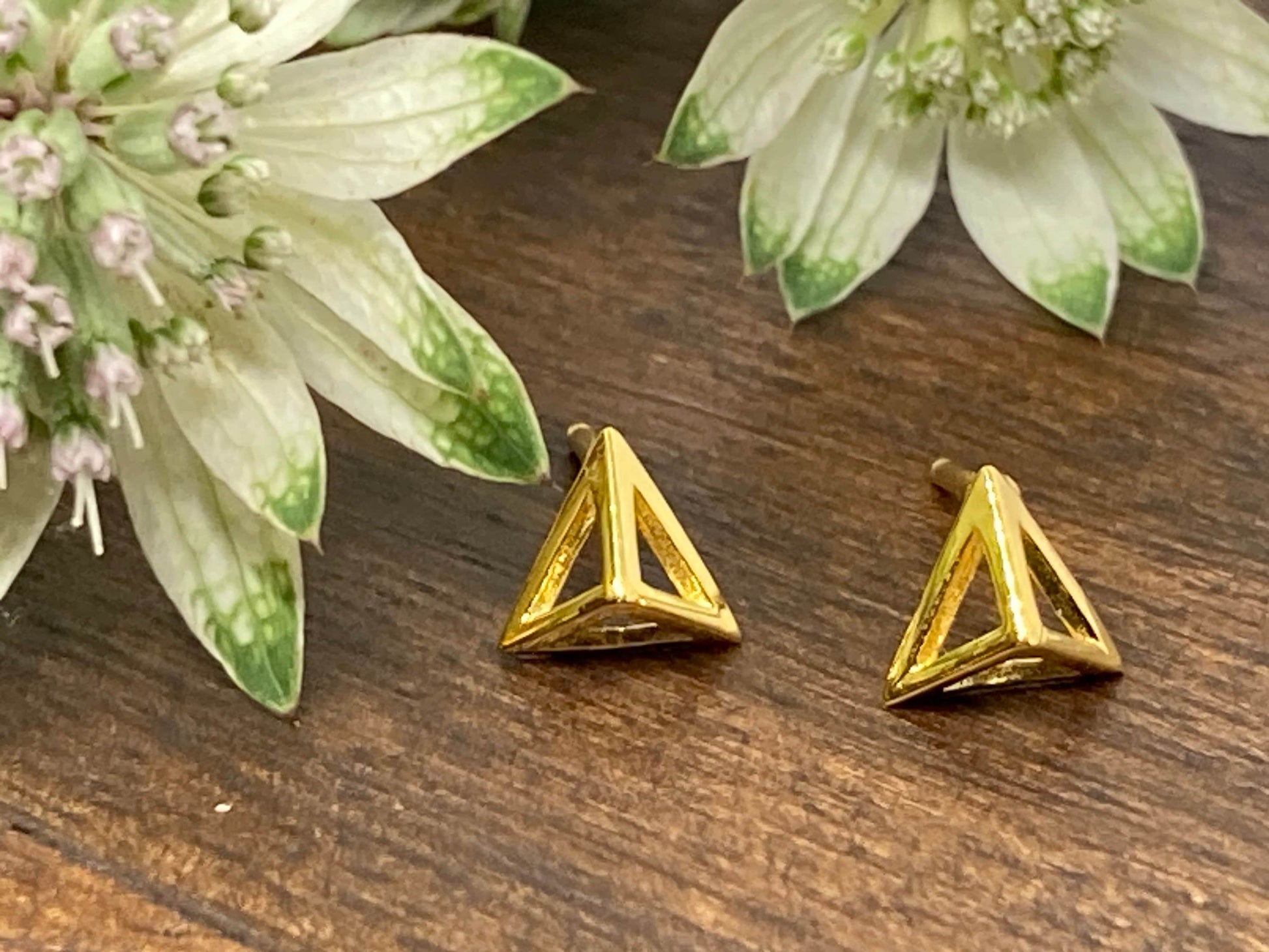 Triangle Pyramid Frame - 925 Sterling Silver 14ct Gold Plated Geometric Stud Earrings Boxed
