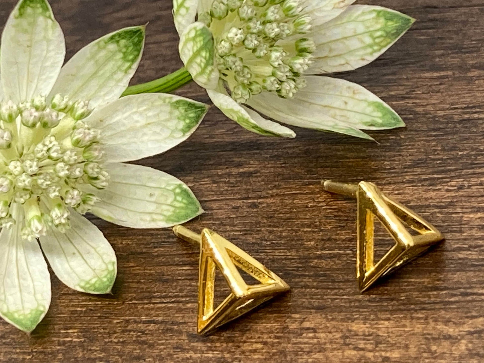Triangle Pyramid Frame - 925 Sterling Silver 14ct Gold Plated Geometric Stud Earrings Boxed