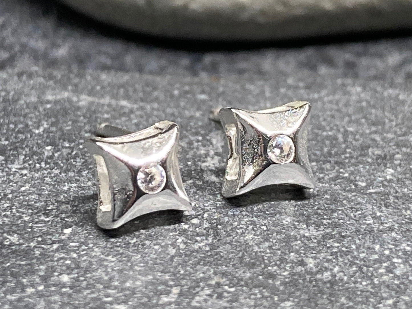 Square Cushion - 925 Sterling Silver Cubic Zirconia CZ Stud Earrings with raised gallery