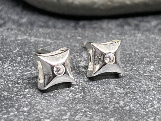 Square Cushion - 925 Sterling Silver Cubic Zirconia CZ Stud Earrings with raised gallery