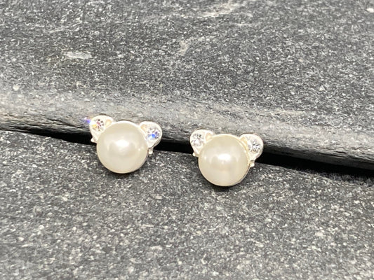 Pearl Bears - 925 Sterling Silver Stud Earrings - Cubic Zirconia Ears