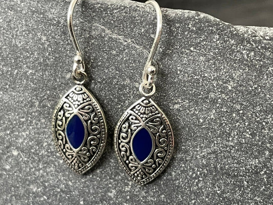 Marquise Bali - 925 Sterling Silver Plain Earrings - Dark Blue Enamel, Oval.