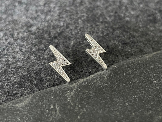 Lightning Bolt - 925 Sterling Silver Cubic Zirconia Ear Studs CZ