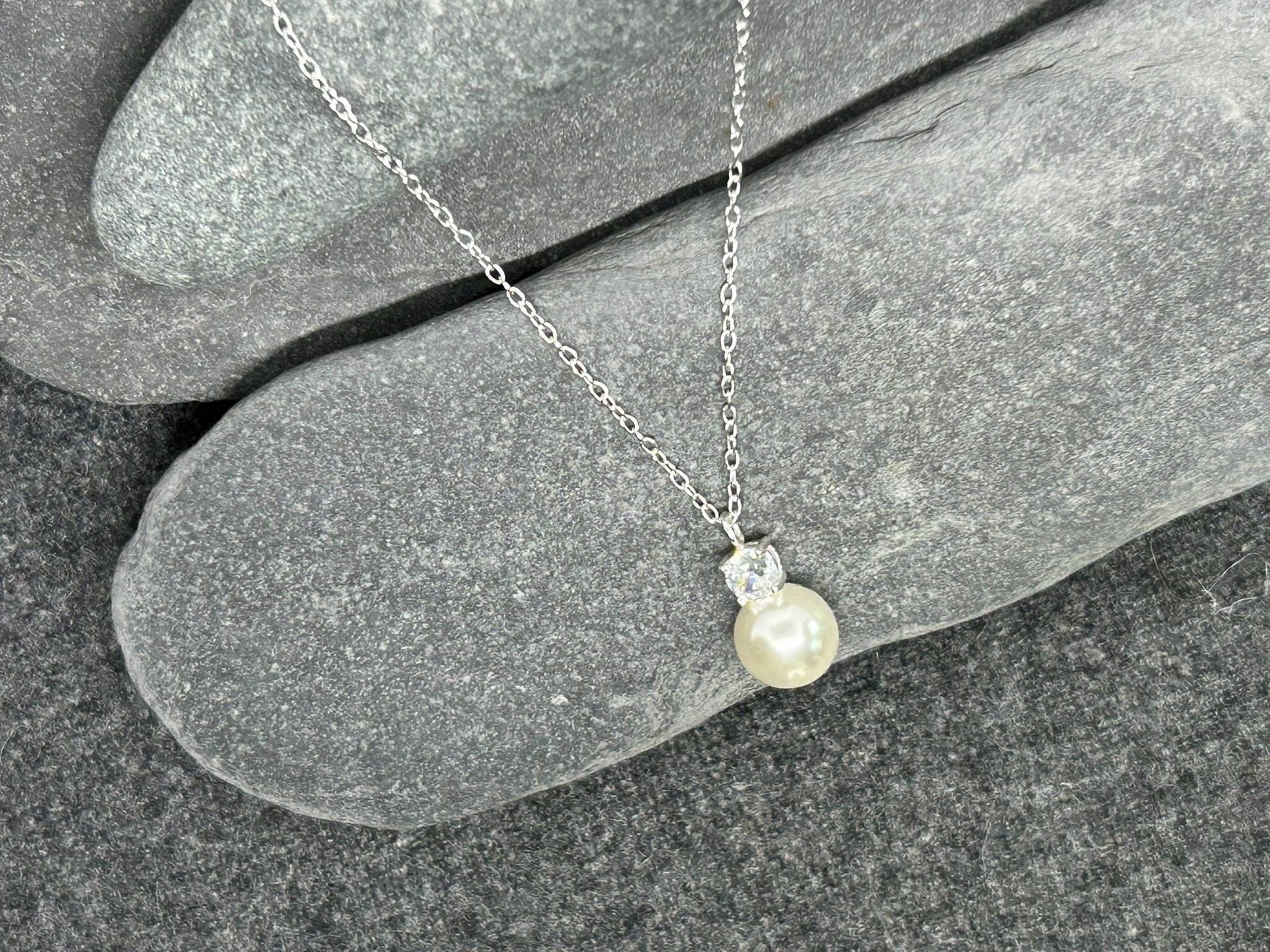 Pearl Necklace - 925 Sterling Silver Pearl & Cubic Zirconia CZ Pendant and Chain - Boxed