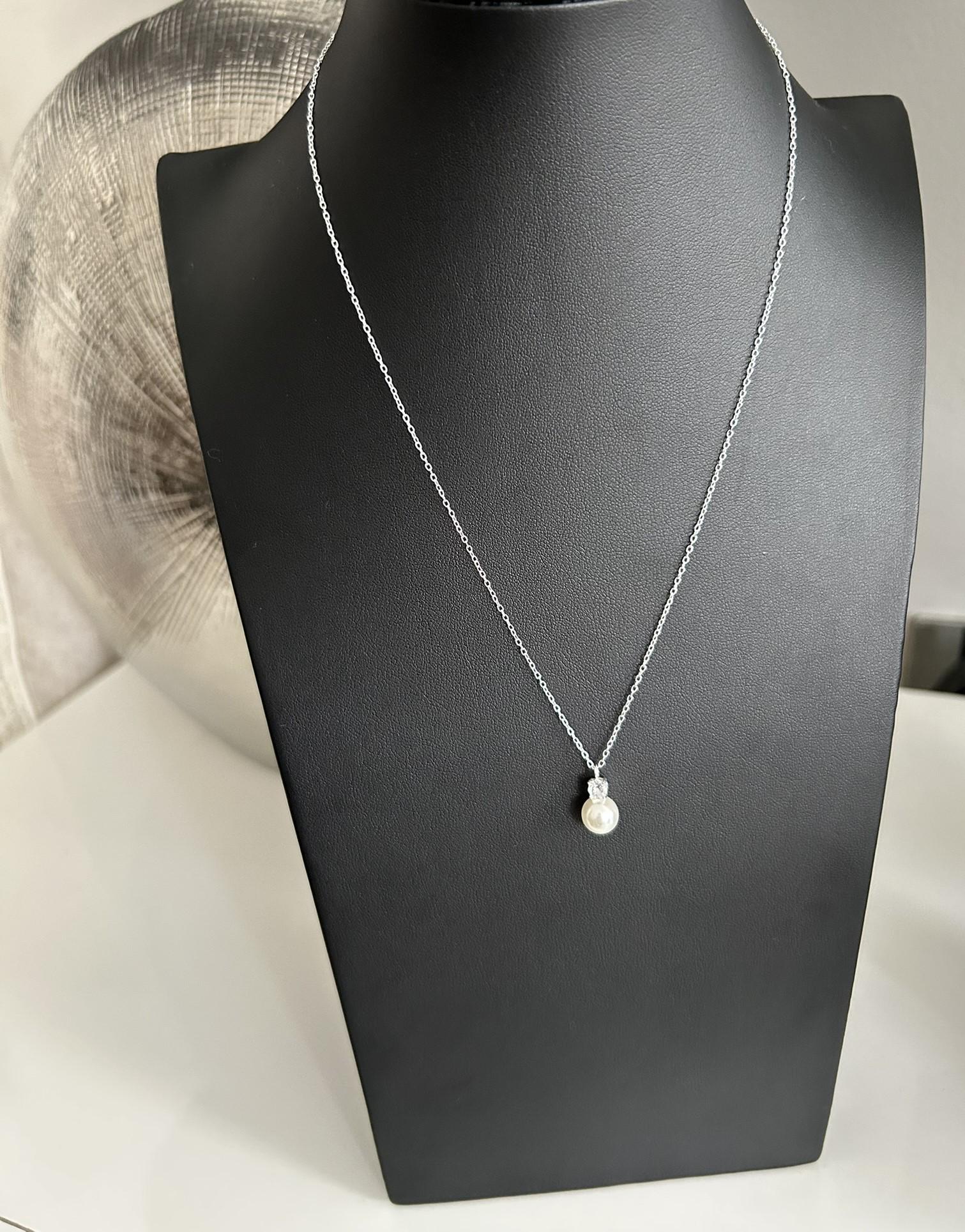 Pearl Necklace - 925 Sterling Silver Pearl & Cubic Zirconia CZ Pendant and Chain - Boxed