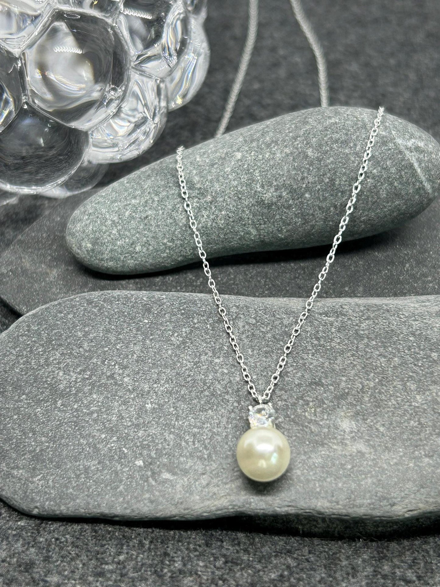 Pearl Necklace - 925 Sterling Silver Pearl & Cubic Zirconia CZ Pendant and Chain - Boxed