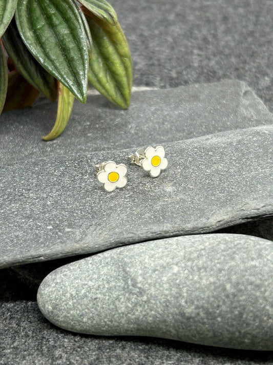 Flower Daisy - 925 Sterling Silver Plain Colourful Ear Studs