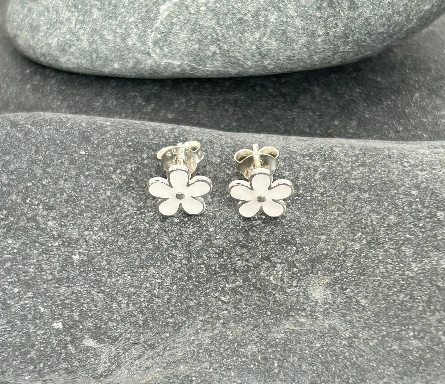Flower Cosmos - 925 Sterling Silver Plain White Ear Studs