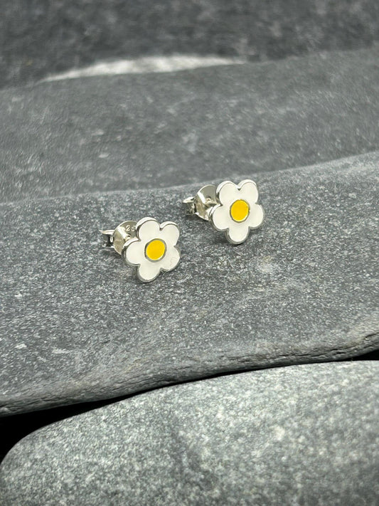 Flower Daisy - 925 Sterling Silver Plain Colourful Ear Studs