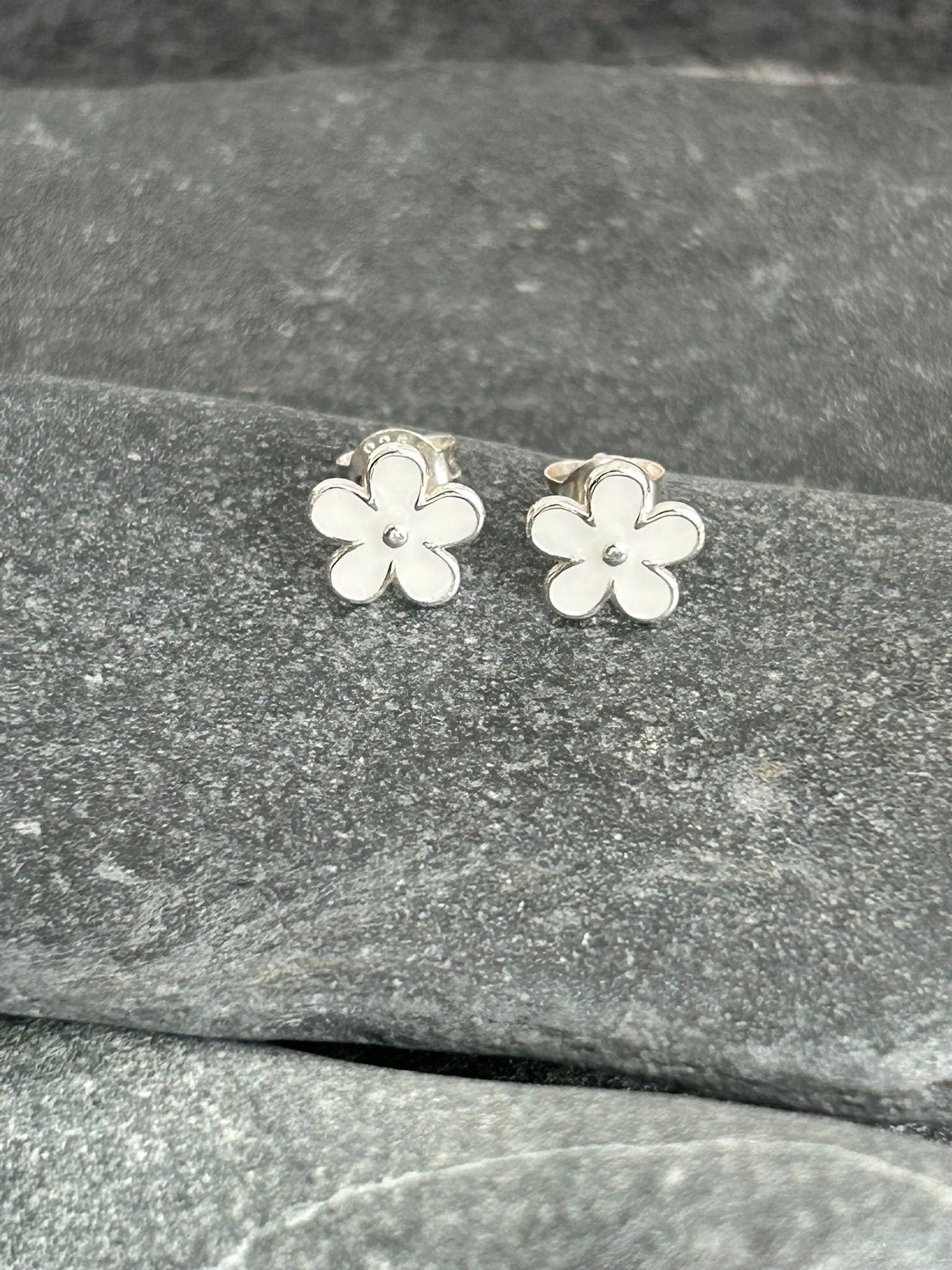 Flower Cosmos - 925 Sterling Silver Plain White Ear Studs