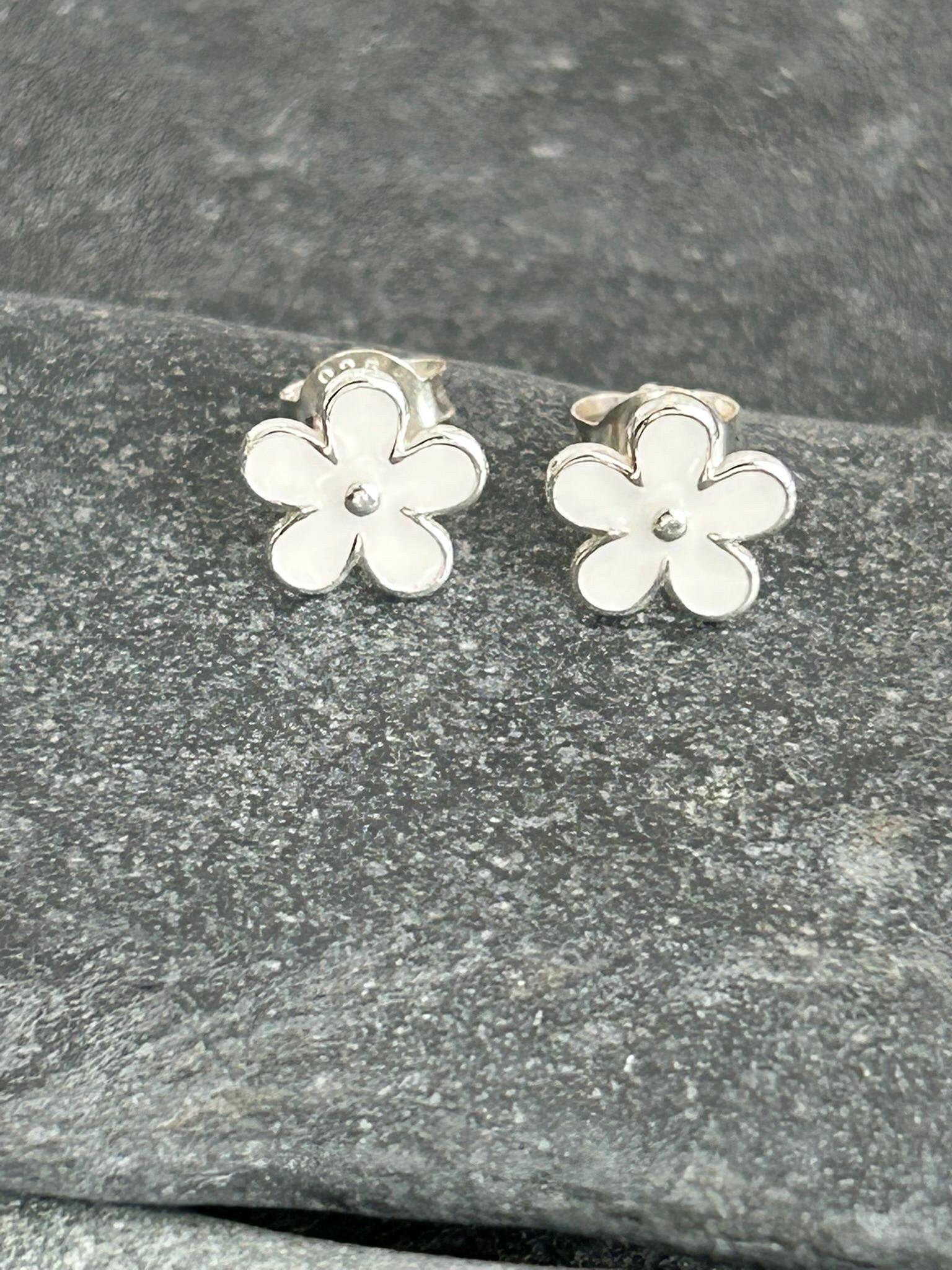 Flower Cosmos - 925 Sterling Silver Plain White Ear Studs