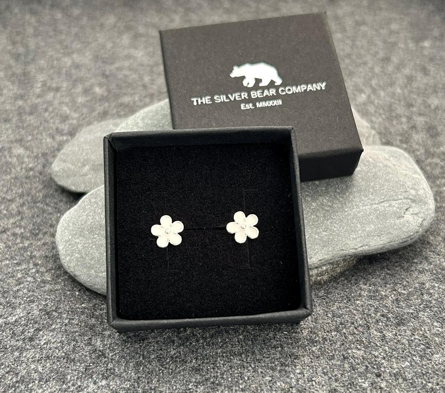 Flower Cosmos - 925 Sterling Silver Plain White Ear Studs