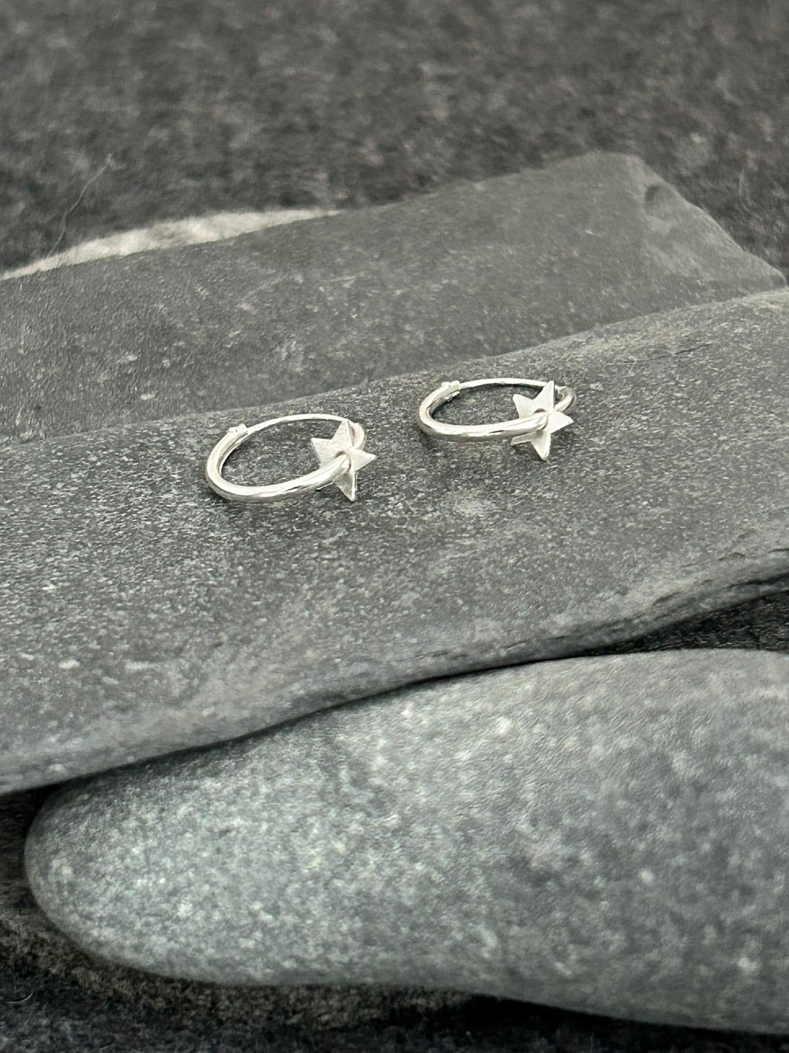 Star - 925 Sterling Silver Bar Charm Ear Hoops