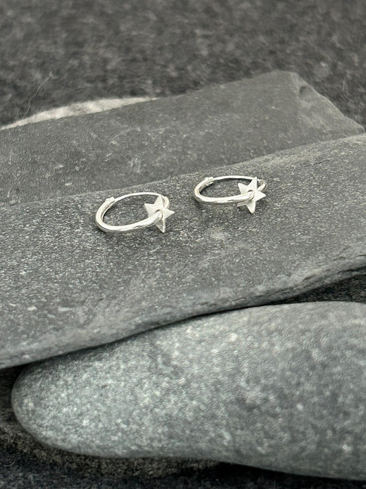 Star - 925 Sterling Silver Bar Charm Ear Hoops
