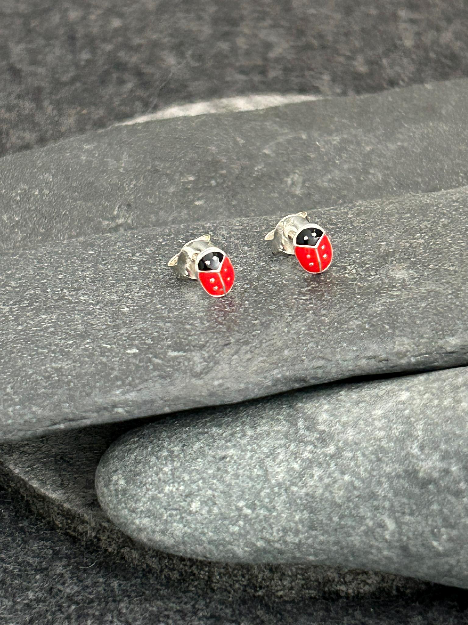 Mini Ladybird - 925 Sterling Silver Colourful Stud Earrings
