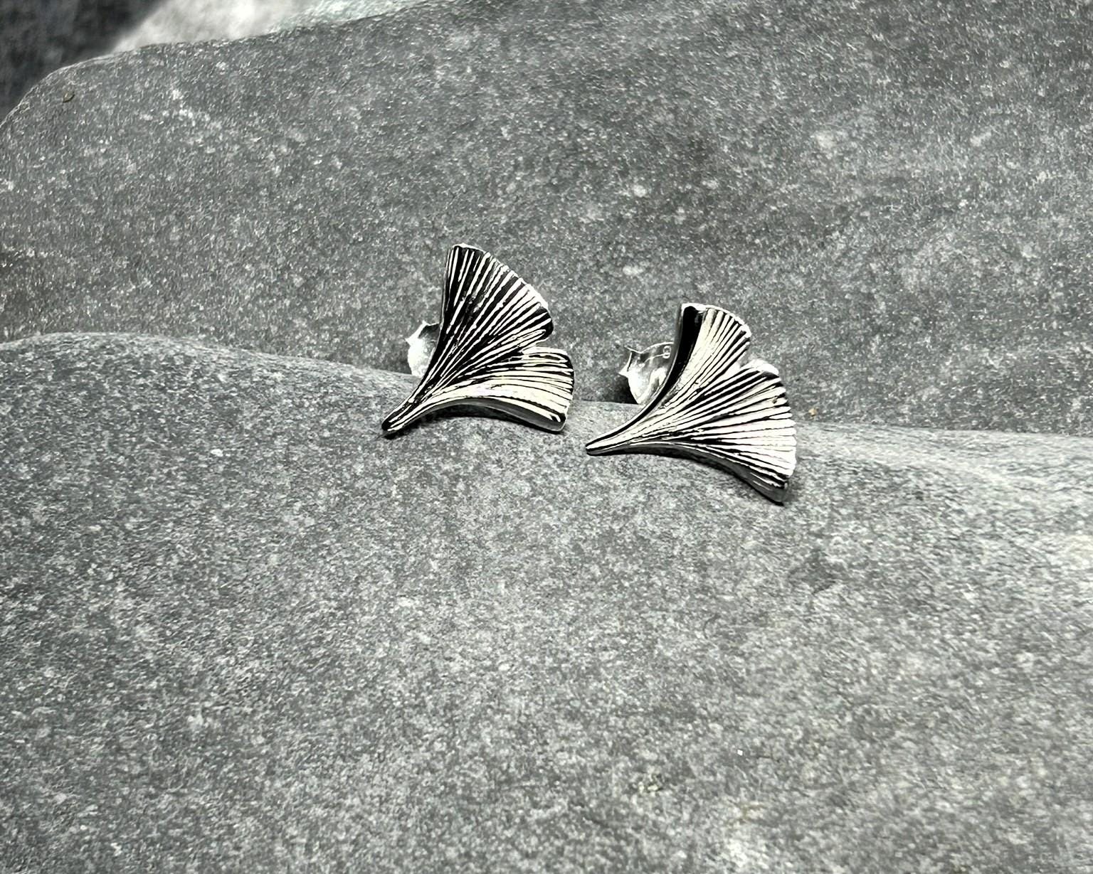 Ginkgo Leaf - 925 Sterling Silver Plain Stud Earrings