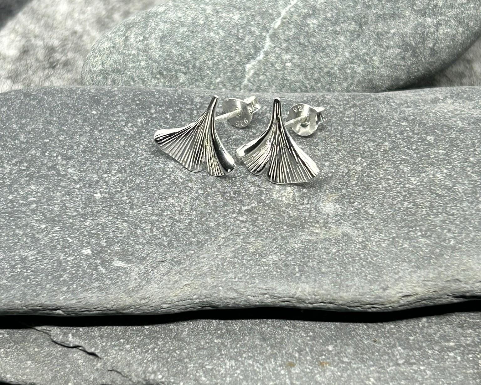 Ginkgo Leaf - 925 Sterling Silver Plain Stud Earrings
