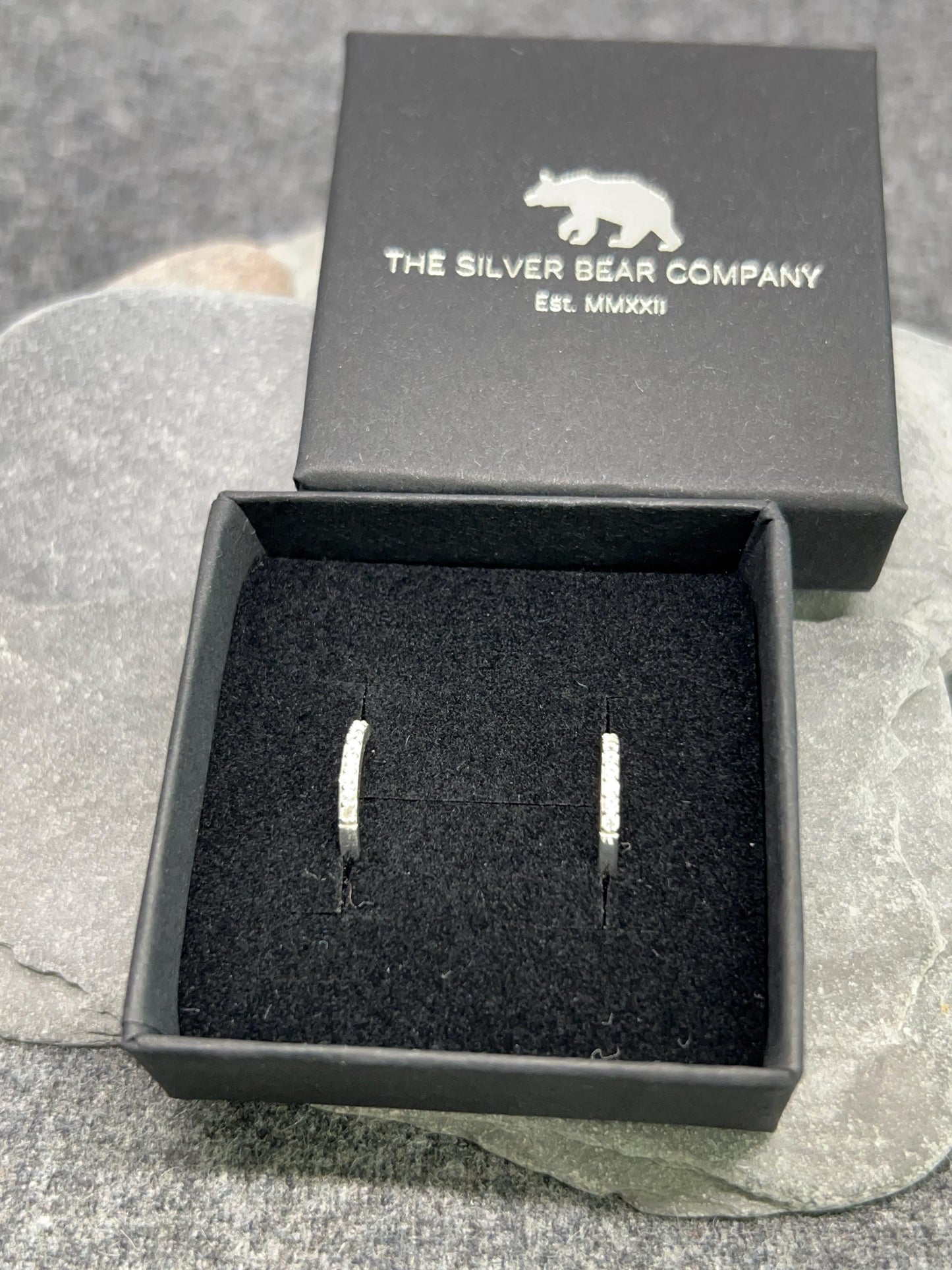 Silver Huggie Ear Hoops - 925 Sterling Silver with Cubic Zirconia. Boxed