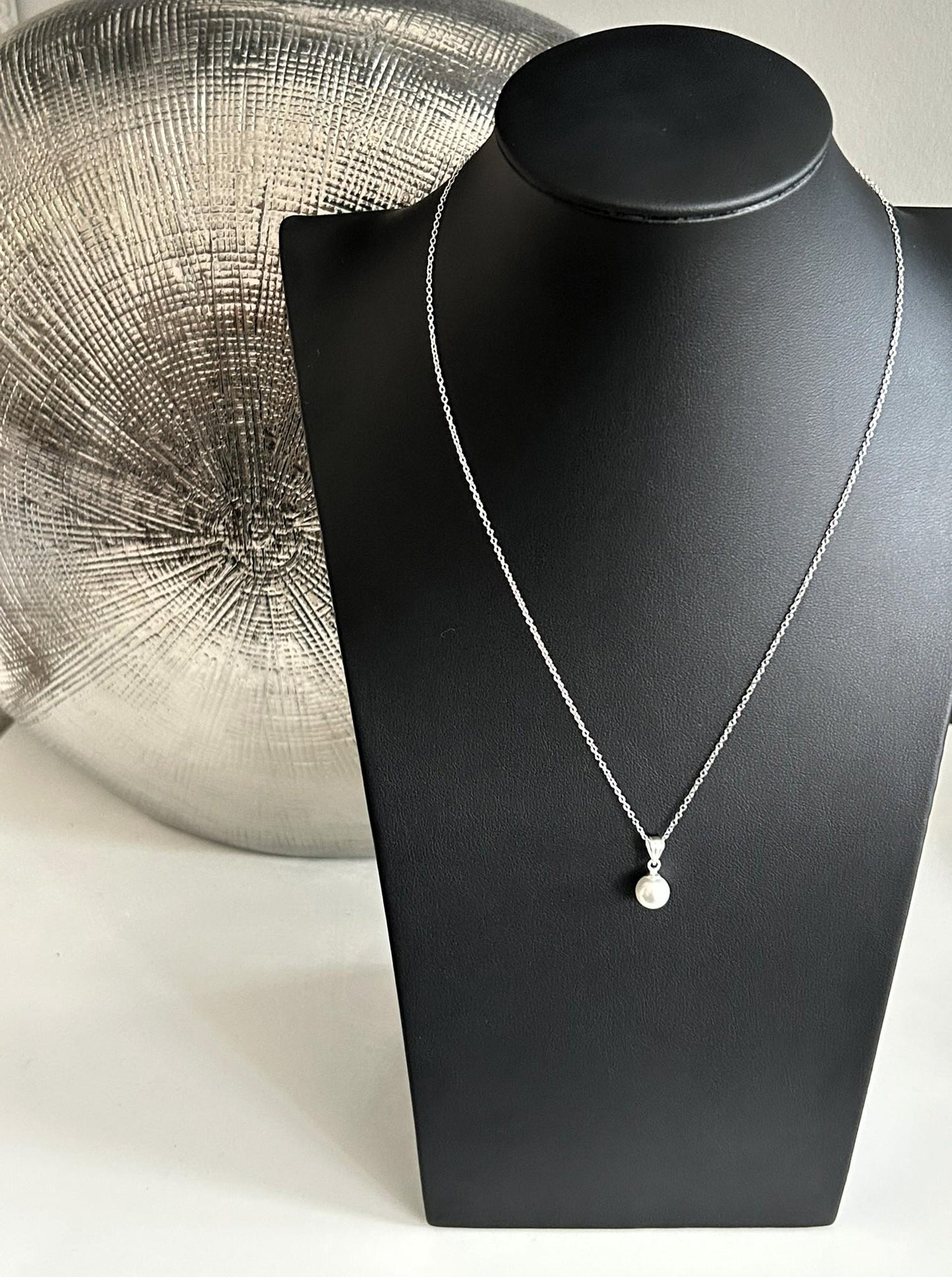 Pearl Necklace - 925 Sterling Silver Necklace with White Glass Pearl Pendant - Boxed