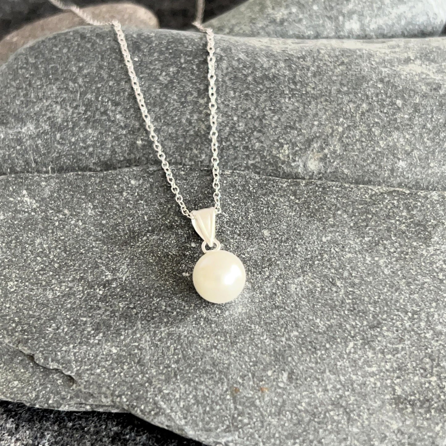Pearl Necklace - 925 Sterling Silver Necklace with White Glass Pearl Pendant - Boxed