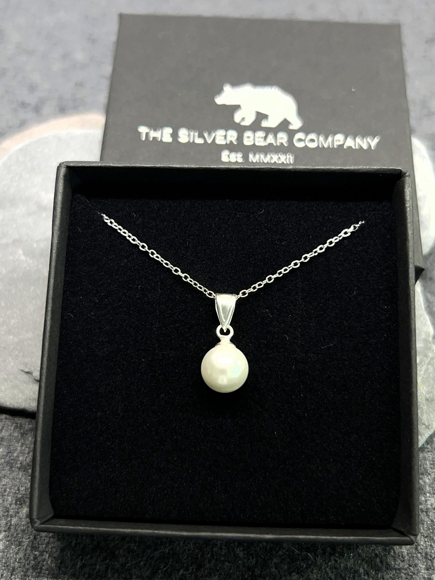 Pearl Necklace - 925 Sterling Silver Necklace with White Glass Pearl Pendant - Boxed