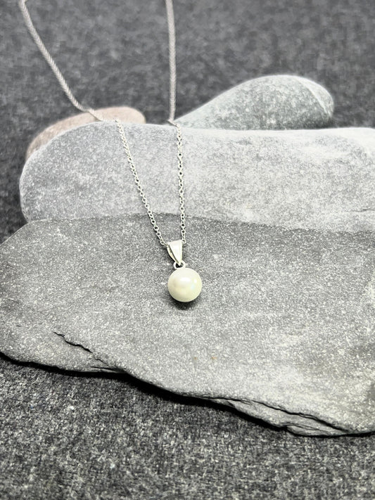 Pearl Necklace - 925 Sterling Silver Necklace with White Glass Pearl Pendant - Boxed