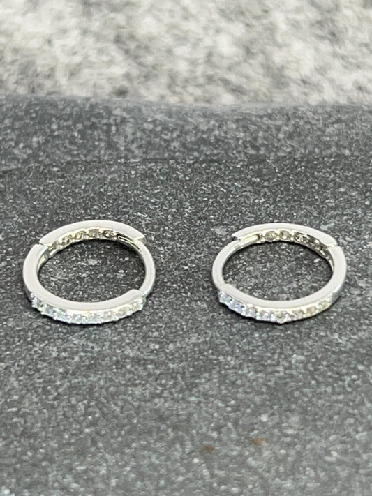 Silver Huggie Ear Hoops - 925 Sterling Silver with Cubic Zirconia. Boxed