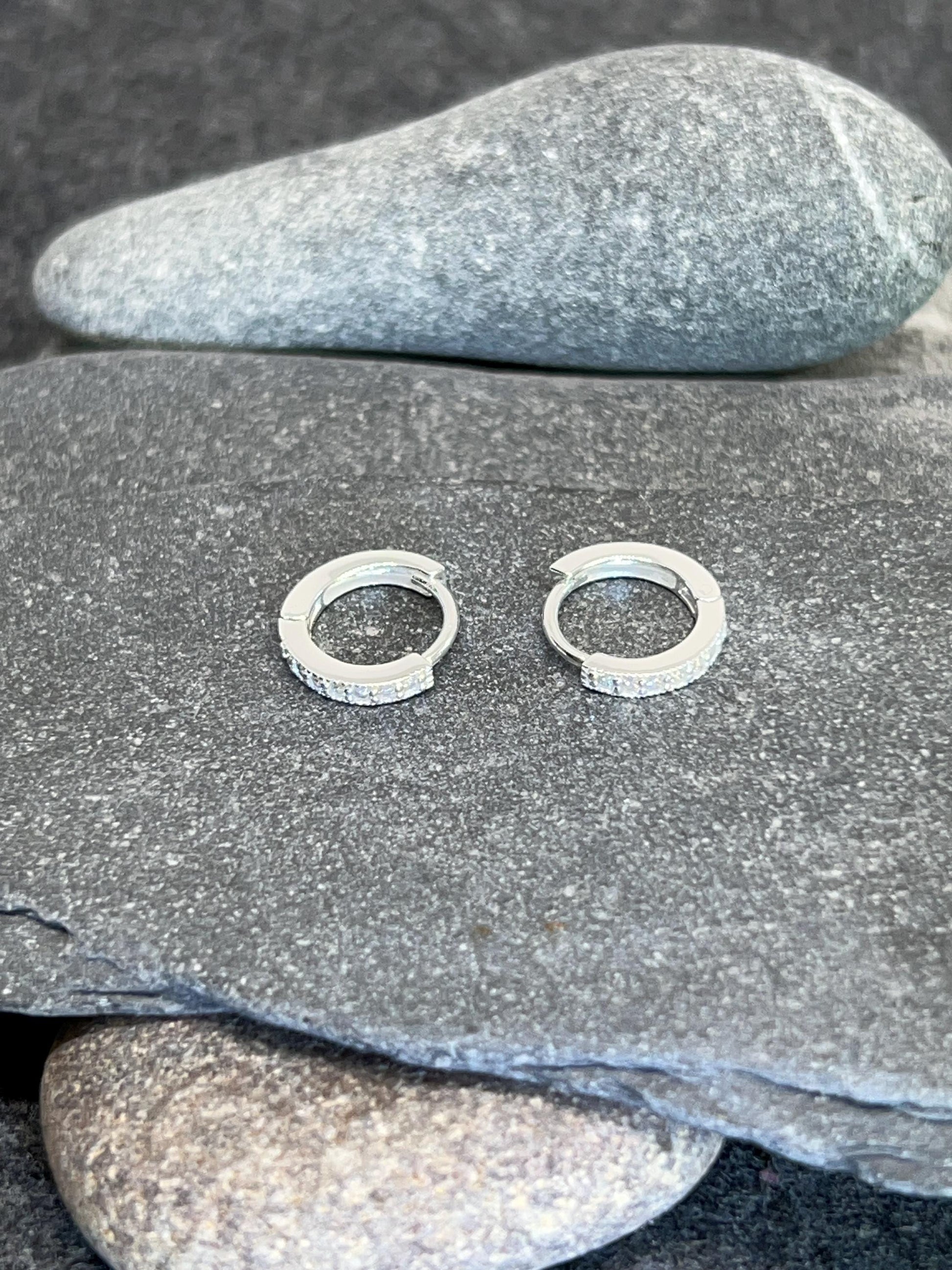 Huggie Ear Silver Hoops - 925 Sterling Silver with Cubic Zirconia. Boxed