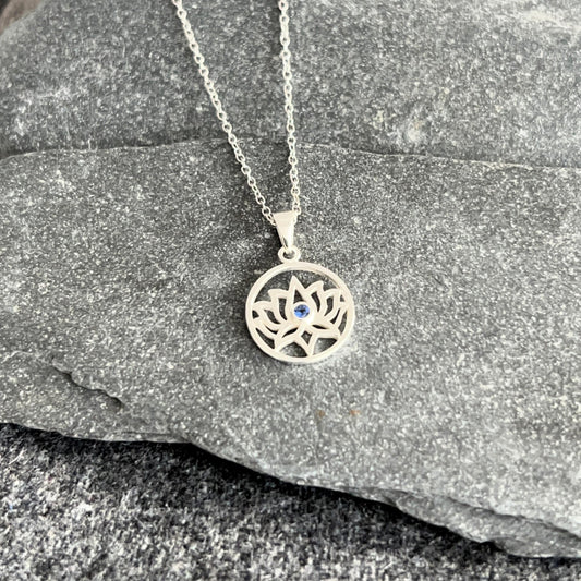Lotus Flower - 925 Sterling Silver Cubic Zirconia CZ Pendant and Necklace - Boxed
