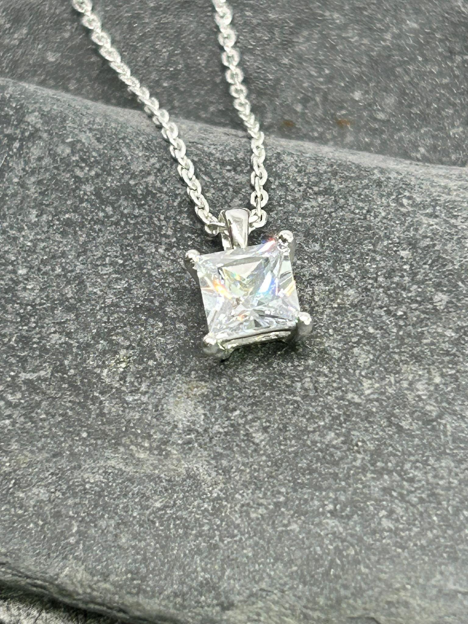 Diamond Square Solitaire 925 Sterling Silver Necklace - Boxed - Timeless Elegance