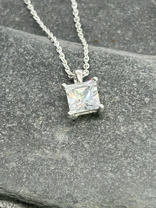 Diamond Square Solitaire 925 Sterling Silver Necklace - Boxed - Timeless Elegance