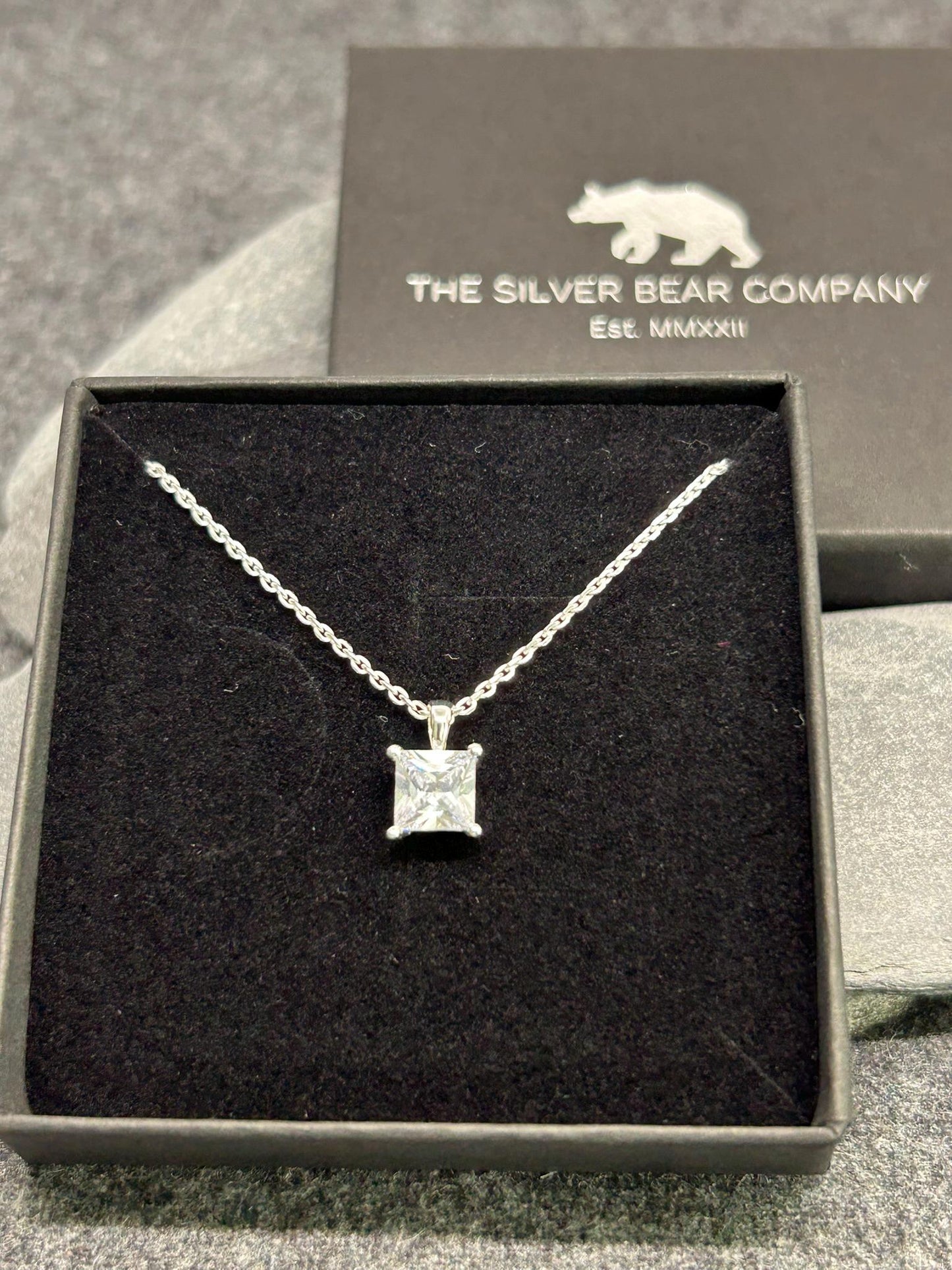Diamond Square Solitaire 925 Sterling Silver Necklace - Boxed - Timeless Elegance