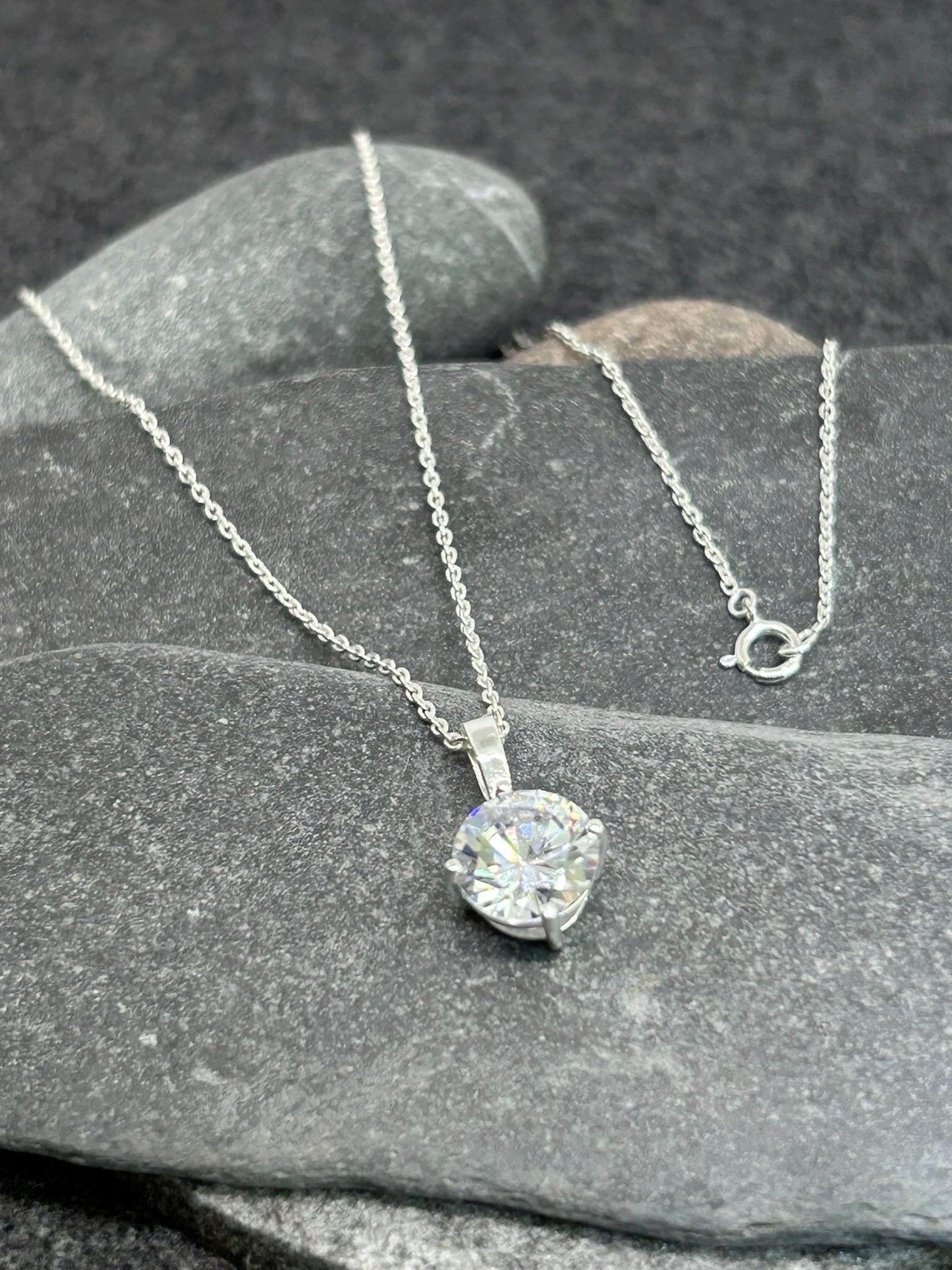 Diamond Round Solitaire - 925 Sterling Silver Pendant and Necklace - Boxed - Classic Elegance