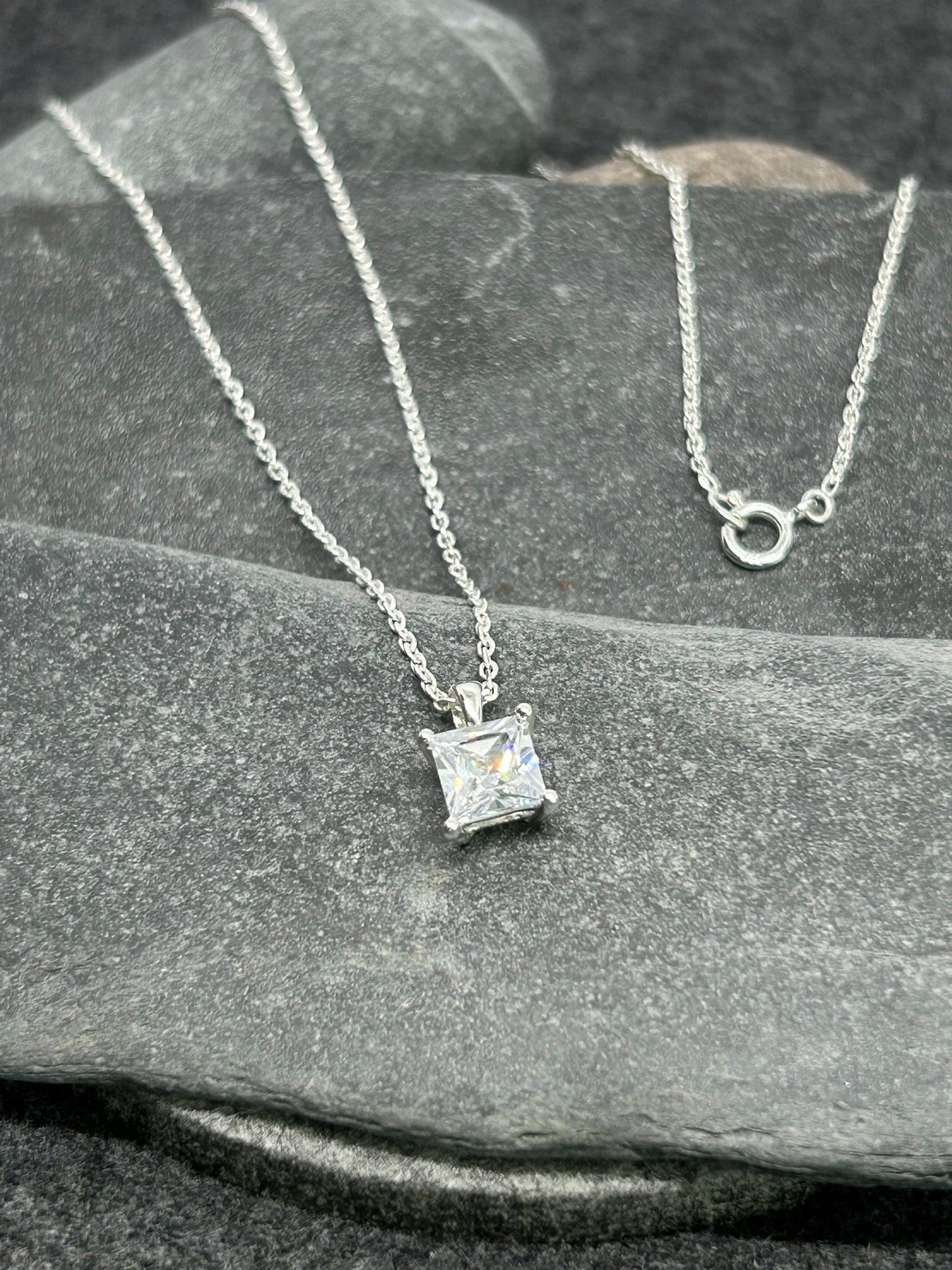Diamond Square Solitaire 925 Sterling Silver Necklace - Boxed - Timeless Elegance