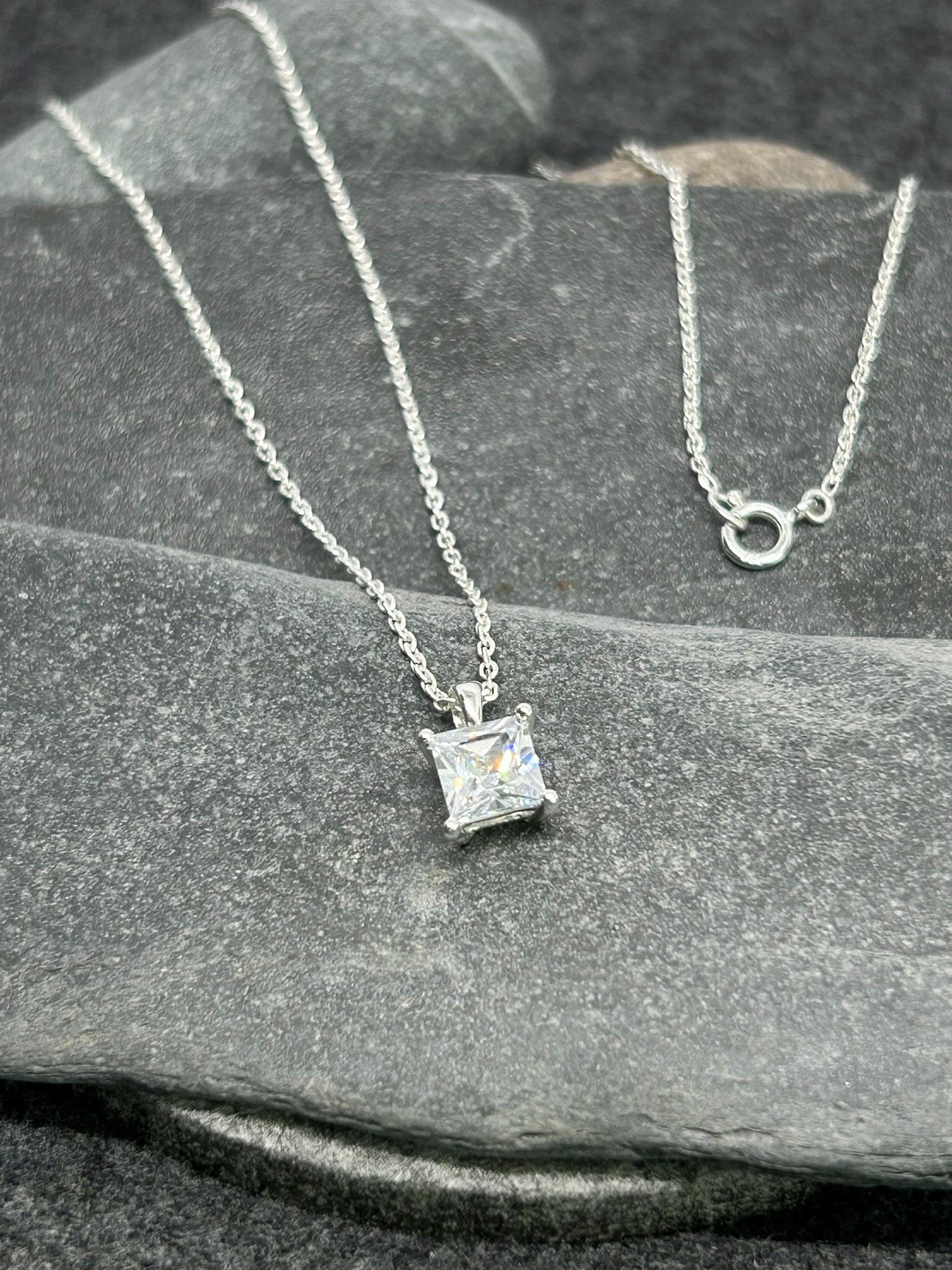 Diamond Square Solitaire 925 Sterling Silver Necklace - Boxed - Timeless Elegance