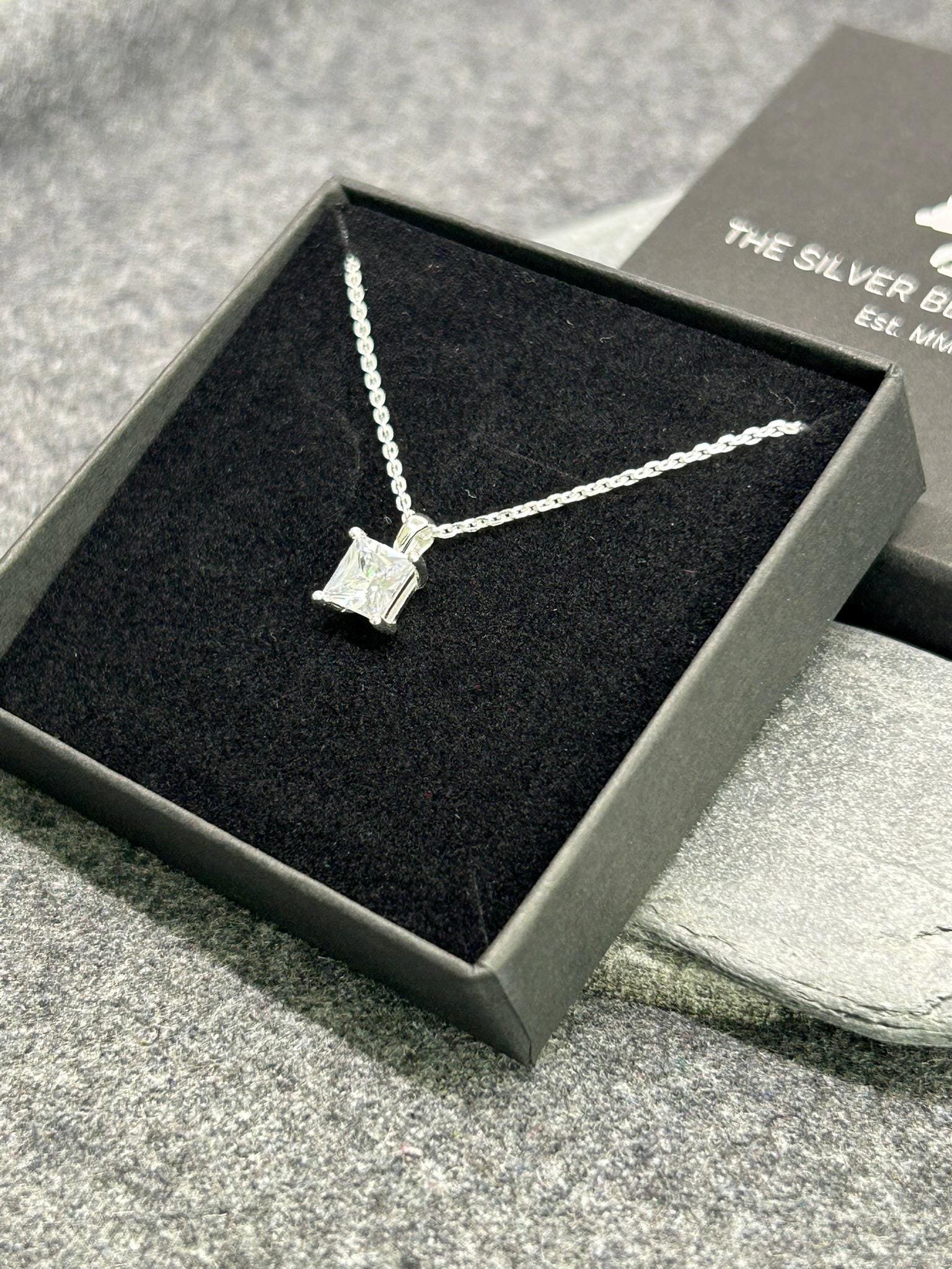 Diamond Square Solitaire 925 Sterling Silver Necklace - Boxed - Timeless Elegance