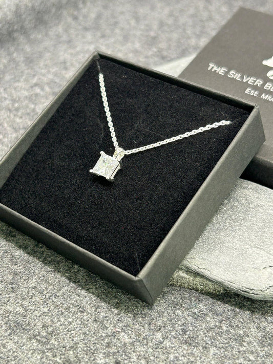 Diamond Square Solitaire 925 Sterling Silver Necklace - Boxed - Timeless Elegance