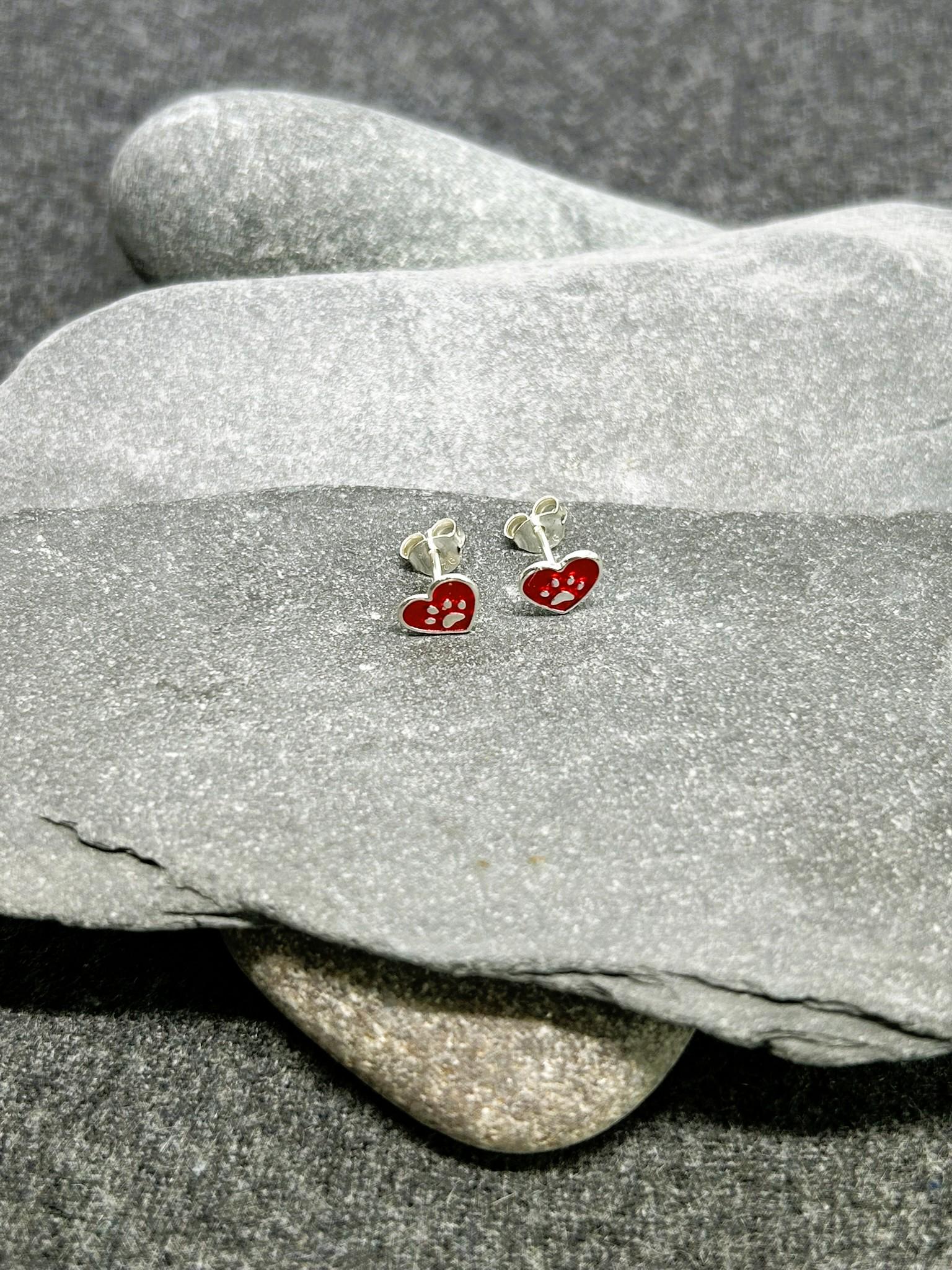 Paw Print Heart - 925 Sterling Silver Colourful Ear Studs - Boxed